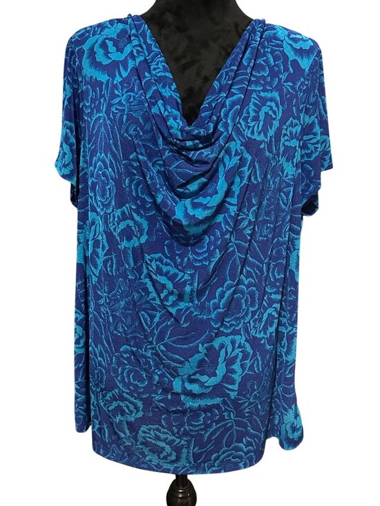 Jaclyn Smith Collection Womens Blouse 1X Blue Floral Cowl Neck Stretch Modern - Picture 1 of 10